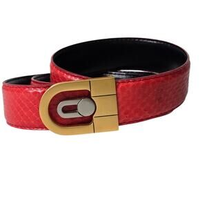 Vintage Womens Red Genuine Snakeskin Belt Gold Metal Buckle Waist Belt 37" - 41"